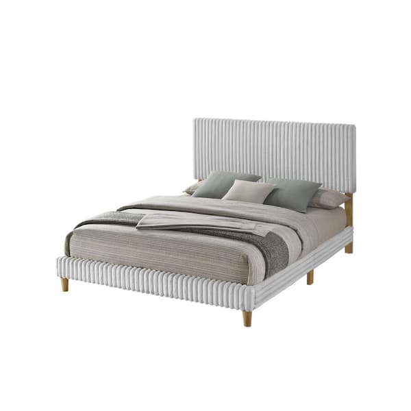 Rowe Light Gray Color Wood Frame Corduroy Fabric Full Size Panel Bed With Natural Wood Color Legs