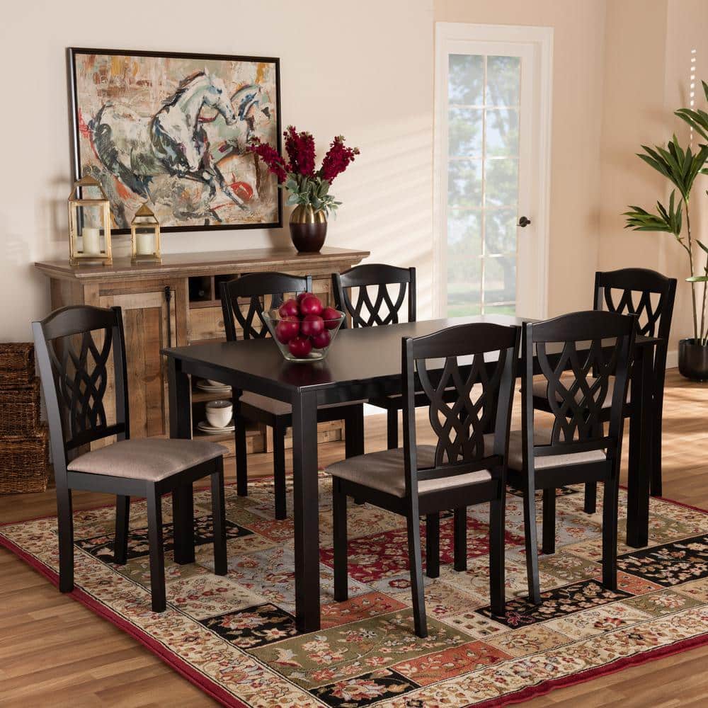 Salem 7-Piece Dark Brown Wood Dining Set with Sand Fabric Chairs