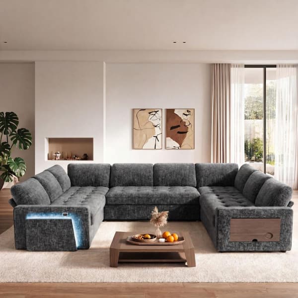 102 in. 8-Seat U-Shaped Chenille Modular Sleeper Sofa,Pull Out Bed,Adjustable Back,USB,Storage,Tool-Free Assembly