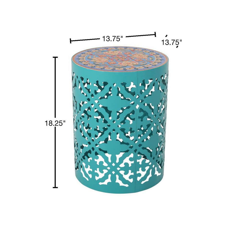 Elegant Multicolor Marble & Metal Round End Table with Lace Cut Design