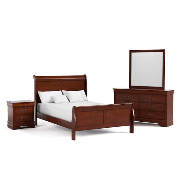 Furniture of America 4-Piece Burkhart Cherry Wood Full Bedroom Set with Nightstand and Dresser/Mirror