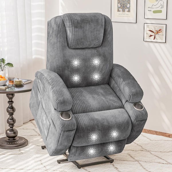 LACOO Power Lift Recliner with Massage for Seniors, Classic Single Sofa with 2-Cup Holders, Gray Corduroy