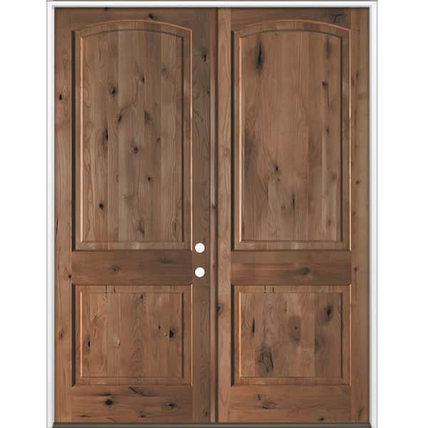 72 in. x 96 in. Rustic Knotty Alder 2-Panel Arch-Top Active Left Double BEHR True Black Stain Wood Prehung Front Door
