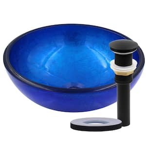 Mini Verdazzurro 12 in. Blue Foiled Glass Round Vessel Sink with Drain and Mounting Ring in Matte Black