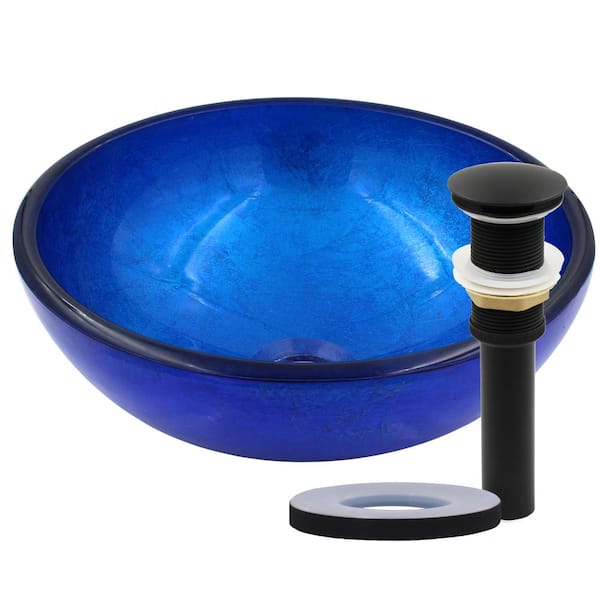 Novatto Mini Verdazzurro 12 in. Blue Foiled Glass Round Vessel Sink with Drain and Mounting Ring in Matte Black
