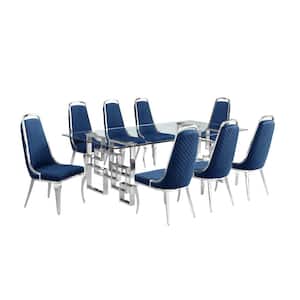 Dominga 9-Piece Glass Top 46" with Stainless Steel Set with 8 Navy Blue Velvet Chairs.