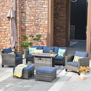 New Vultros Gray 6-Piece Wicker Patio Fire Pit Conversation Seating Set with Blue Cushions