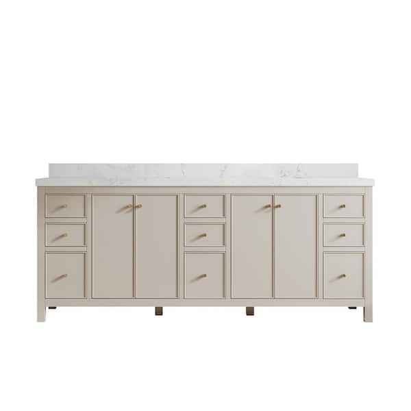 Chicago 84 in. Double Sink Freestanding Fine Grain Bath Vanity with Empira Qt. Top Unassembled