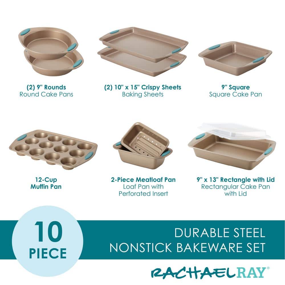Latte Brown Nonstick 10-Piece Bakeware Set with Blue Grips