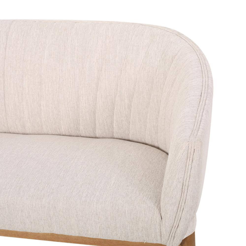 Mid-Century Beige Fabric Loveseat with Channel Stitching and Wood Frame