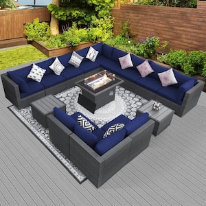 15-Piece Large Size Gray Wicker Patio Conversation Sofa Set with Navy Blue Cushions Fire Pit Table and Coffee Tables