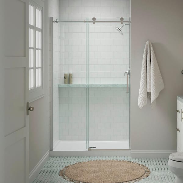 KOHLER Cursiva 44-48 in. W x 78 in. H Sliding Frameless Shower Door in Bright Polished Silver KOHLER Cursiva 44-48 in. W x 78 in. H Sliding Frameless Shower Door in Bright Polished Silver