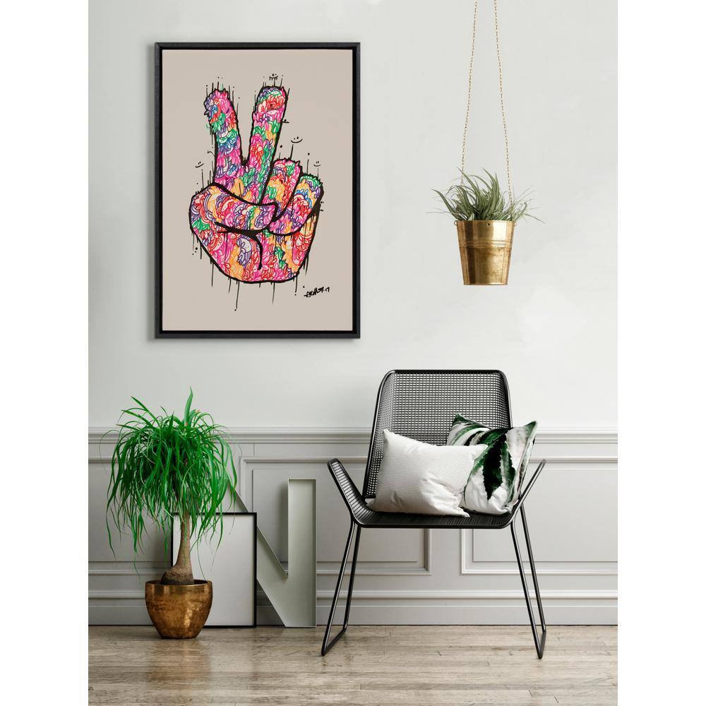 Colorful Peace Sign Hand Art on Black Framed Canvas