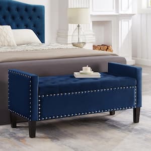 Navy 48 in. Bedroom Bench Upholstered Tufted Button Storage Bench Entryway Bench with Nails Trim