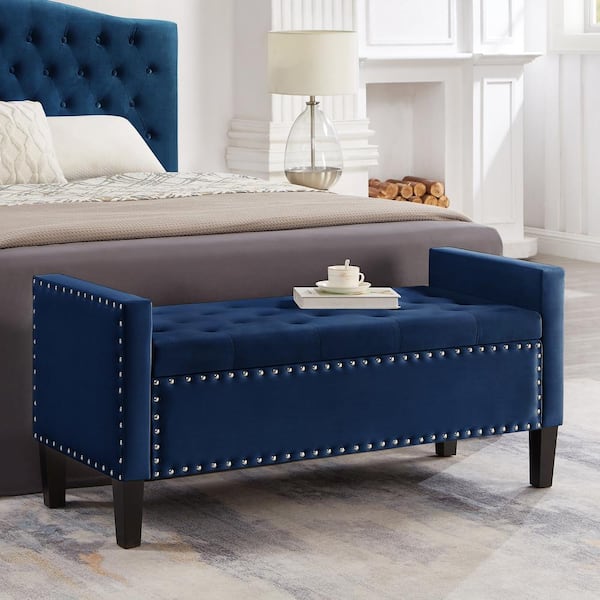 CSC DECOR INC Navy 48 in. Bedroom Bench Upholstered Tufted Button Storage Bench Entryway Bench with Nails Trim