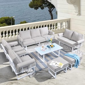 Teton Grand White 7-Piece Aluminum Outdoor Patio Conversation Sofa Set with Beige Cushions