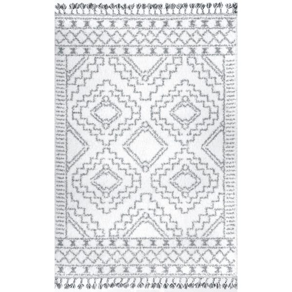 nuLOOM Vasiliki Moroccan Tassel Shag White 6 ft. Square Rug