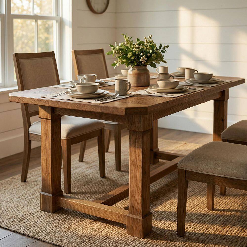 Roesler Natural Brown Solid Wood 63 in. 4 Legs Dining Table Seats 4-6 People, Wooden Dinner Table for Dining Room