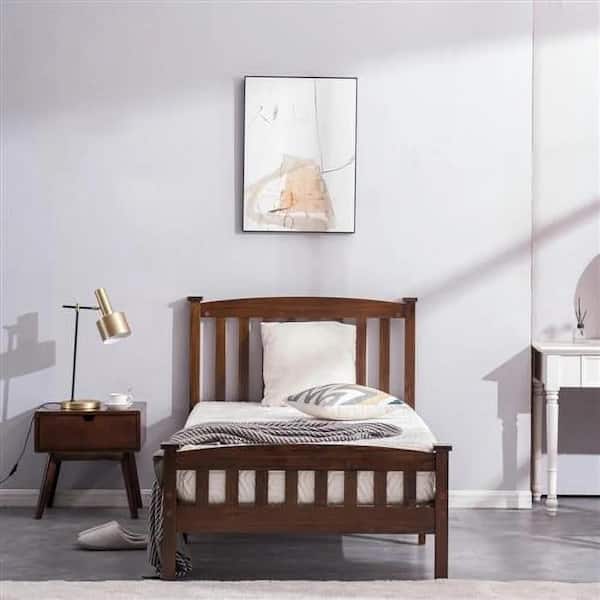 Brown Pine Wood Frame Twin Platform Bed with Headboard
