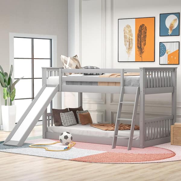 Gray Twin over Twin Size Bunk Bed with Convertible Slide and Ladder