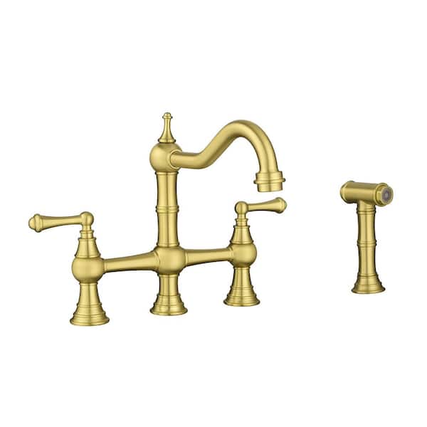 WELLFOR Double Handles Gooseneck Bridge Kitchen Faucet with Pull Out Spray Wand in Matte Gold, 27 in. Flexible Hose