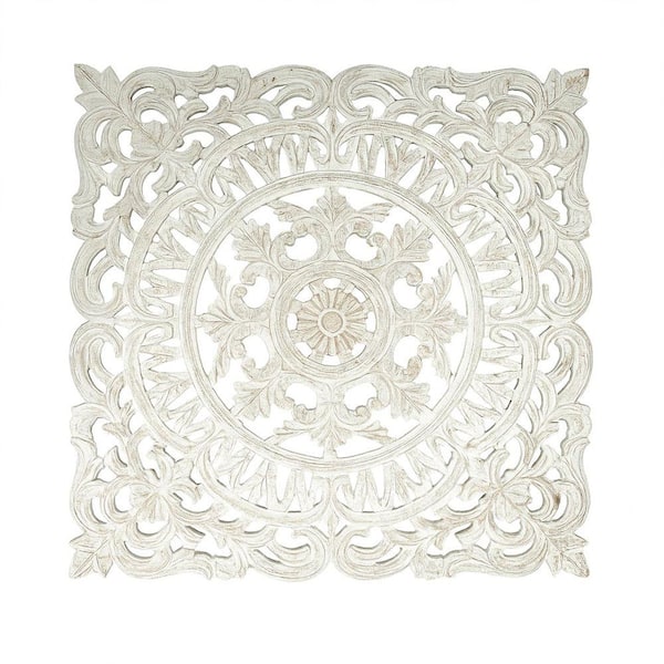 Farmhouse 36 in. x36 in. White Square Carved Accent by Kim Wooden Wall Art