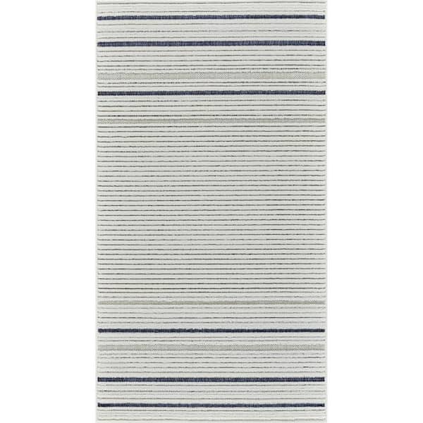 Blue, Cream 3 ft. x 5 ft. Woven Striped Polypropylene Rectangle Indoor/Outdoor Area Rug