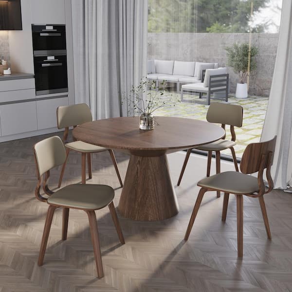 Leather Dining Chair with Poplar Wood Frame and Open Back Design Accent Side Chairs in Walnut/Light Brown
