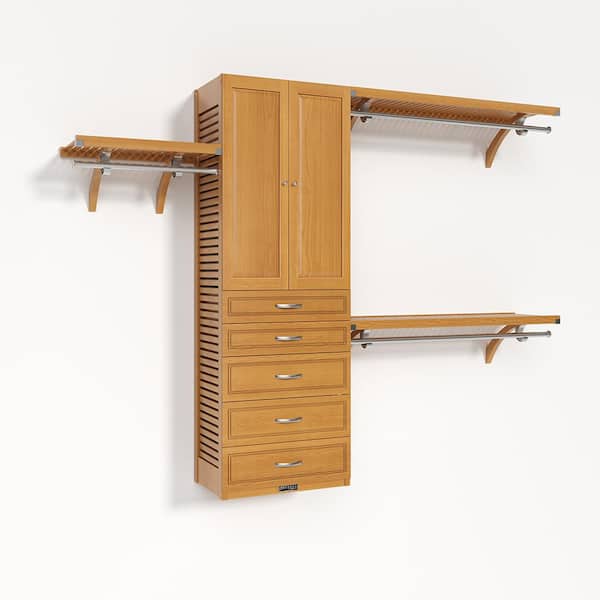 72 in. W - 120 in. W Honey Maple Walk in with 5 Drawers and Wood Door 16 in. Shelf Wood Closet System