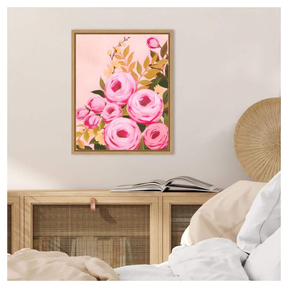 Vibrant Roses II Pink Floral Canvas Art with Maple Frame