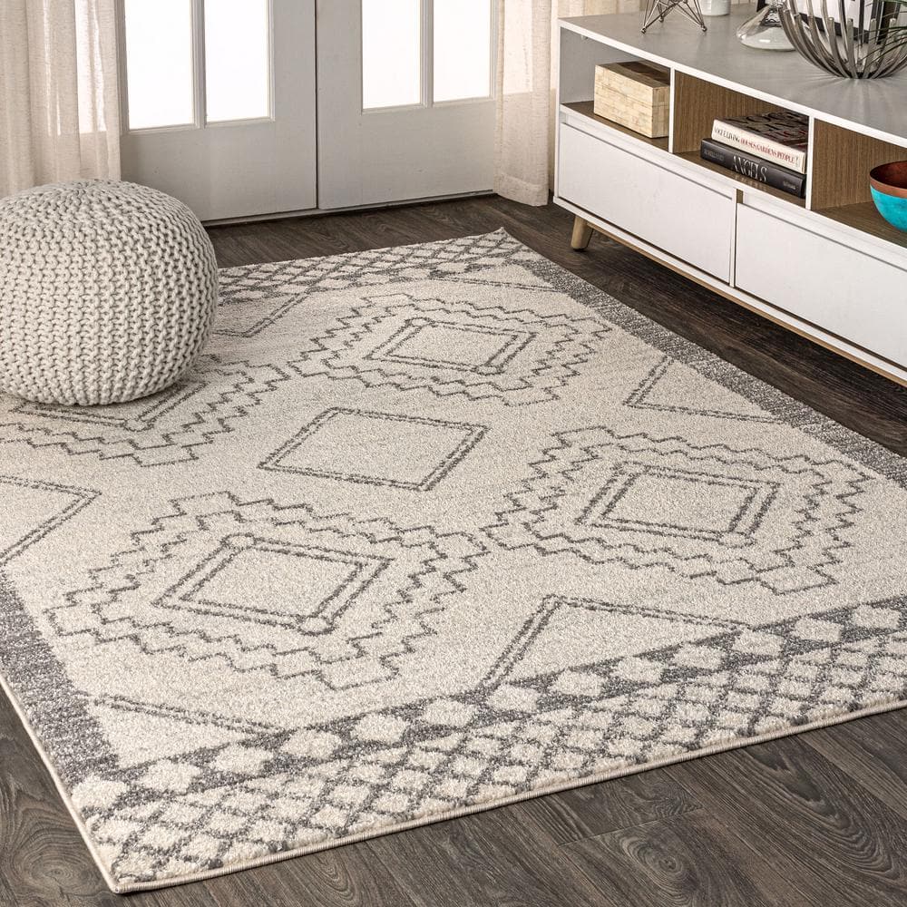 Cream and Gray Geometric Synthetic Square Area Rug
