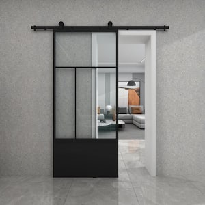 Division 37 in. x 84 in. 3/4 Lite Clear Glass Black Metal Finish Sliding Barn Door with Hardware Kit
