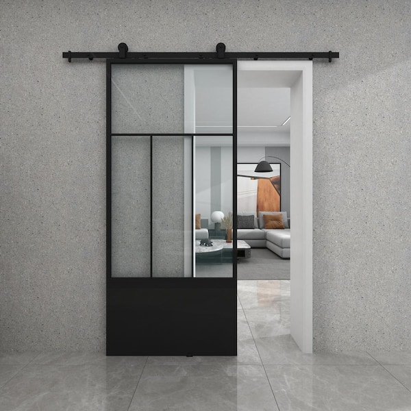 Unbranded Division 37 in. x 84 in. 3/4 Lite Clear Glass Black Metal Finish Sliding Barn Door with Hardware Kit