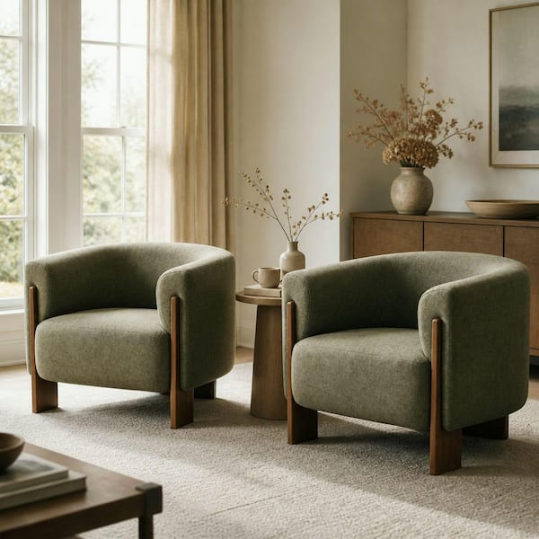 Mid‑Century Modern Green Chenille Upholstered Barrel Arm Chair with Flared Arms Set of 2