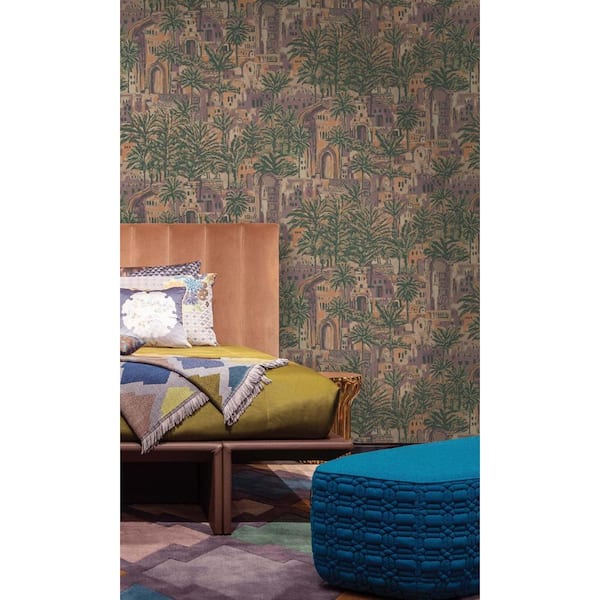 Plum Tropical Palm Leaves in Ancient Time Botanical-Shelf Liner Non-Woven Non-Pasted Wallpaper (57 sq. ft.) Double Roll