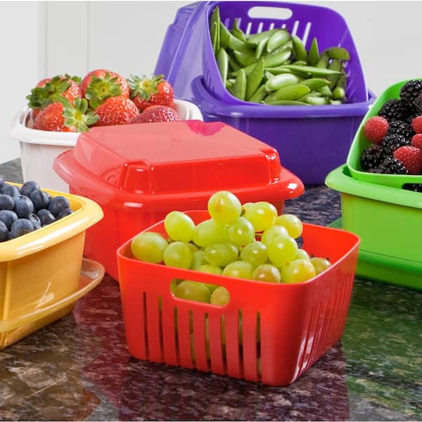 4 Pack Fruit Storage Containers for Fridge, Fruit Vegetable Storage Food Storage Containers with Airtight Lids & Colanders, Produce Saver Berry