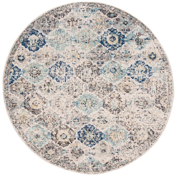 SAFAVIEH Madison Ivory/Aqua 10 ft. x 10 ft. Border Floral Medallion Geometric Round Area Rug