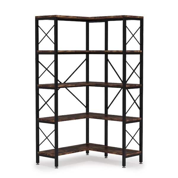 BYBLIGHT Eulas 65.74 in. Black/Brown Engineered Wood 5-Shelf Standard Corner Bookcase with Storage Display Rack for Living Room