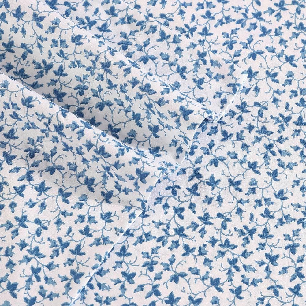 Lavange Vine Blue Floral Cotton Queen Sheet Set