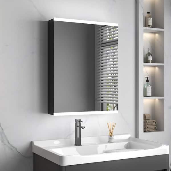 Lonni 15 in. W x 26 in. H Rectangular Aluminum Matte Black Surface Mount Led Medicine Cabinet with Mirror Left Side Opening
