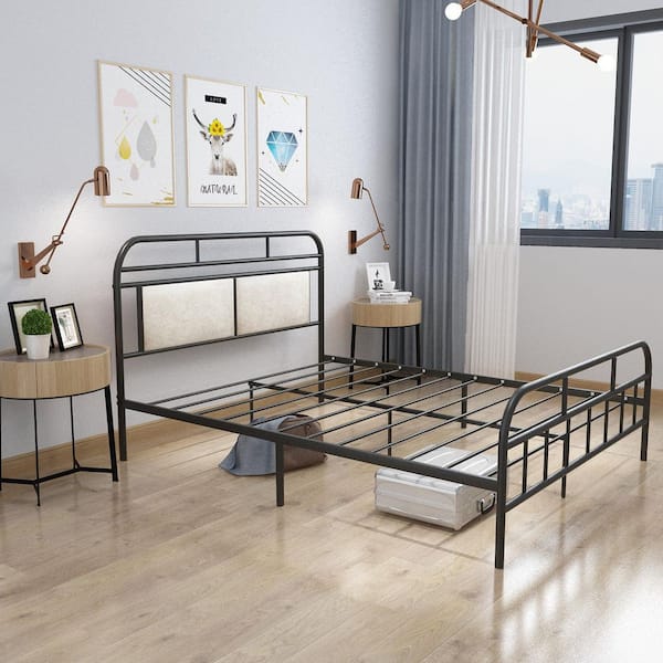 ANBAZAR Bed Frame, Black, Bed Frame Metal, with Upholstered Headboard, Queen, Platform Bed, No Box Spring Needed, Underbed Space