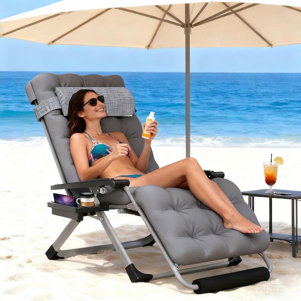 29 in.W Oversized Zero Gravity Chair Metal Outdoor Chaise Lounge with Fossil Gray Removable Cushion and Headrest