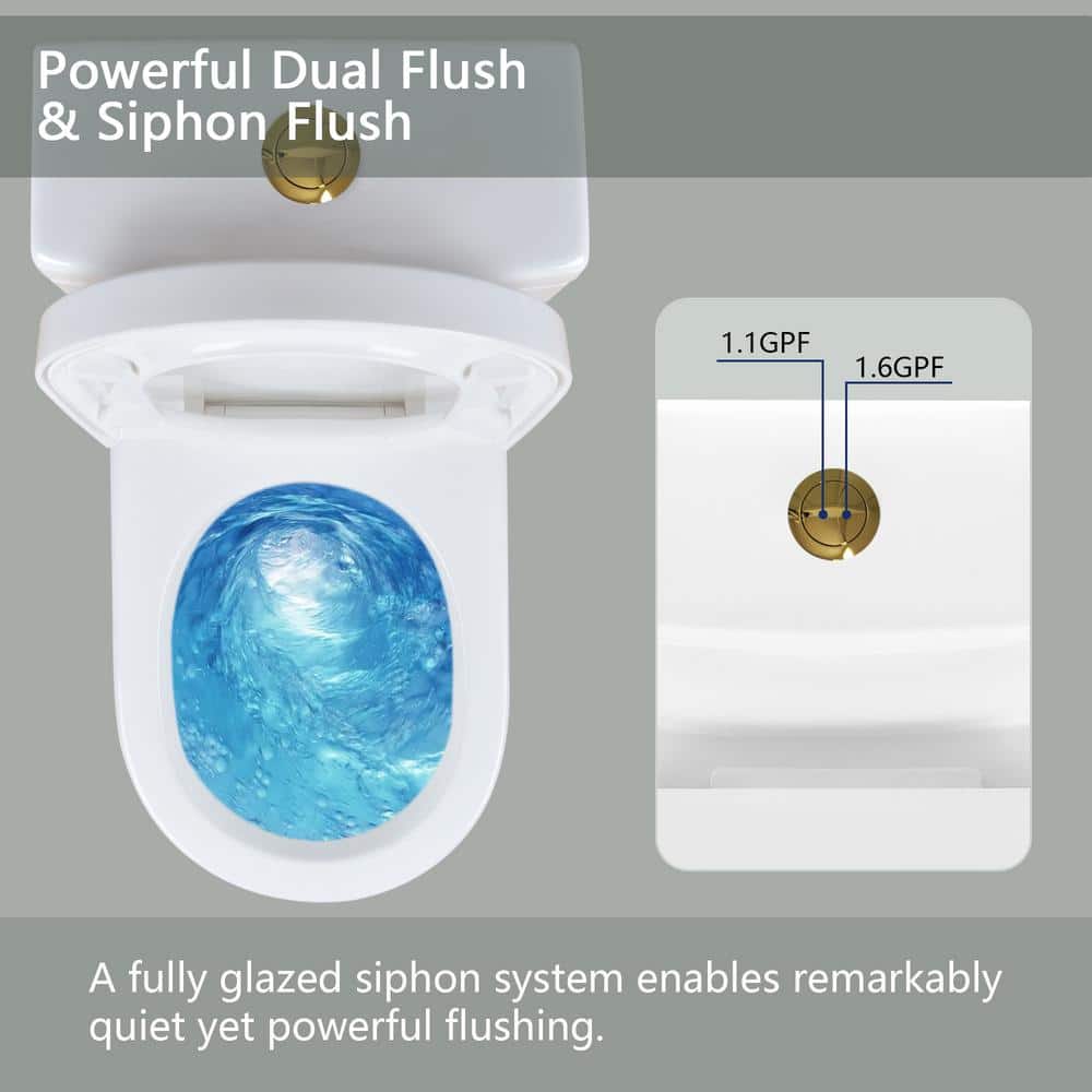 Liberty White and Gold Compact Dual Flush Toilet with Skirted Design