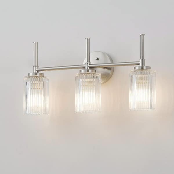 22 in. 3-Light Brushed Nickel Vanity Light with Clear Ribbed Glass Shades and Decorative Tube