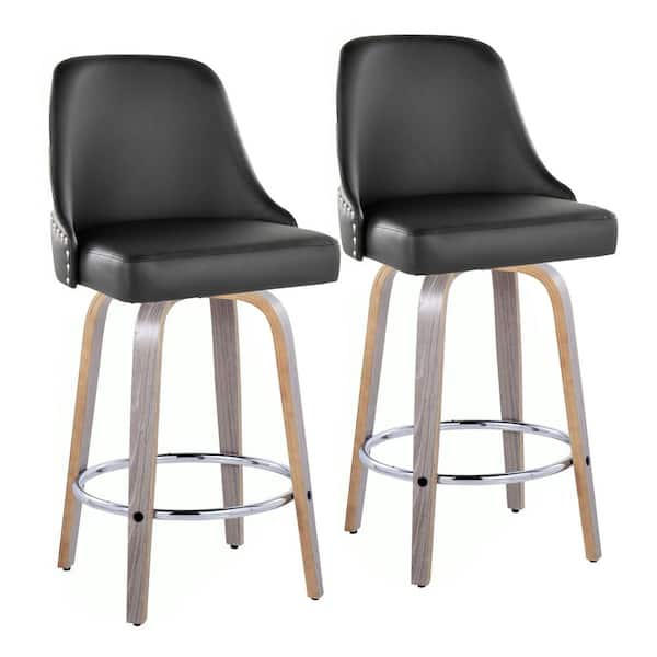 Lumisource Studded Marcel 27" Light Grey Wood and Black Faux Leather Fixed-Height Counter Stool with Chrome Footrest (Set of 2) LYW