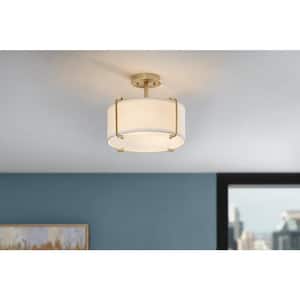 Brookley 14 in. 2-Light Brushed Gold Semi-Flush Mount with White Fabric Shade