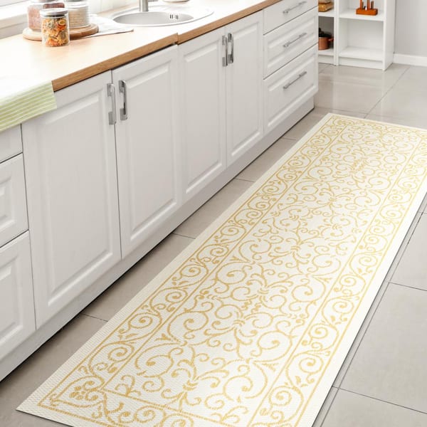 JONATHAN Y Charleston Vintage Filigree Textured Weave Cream/Yellow 2 ft. x 10 ft. Indoor/Outdoor Area Rug