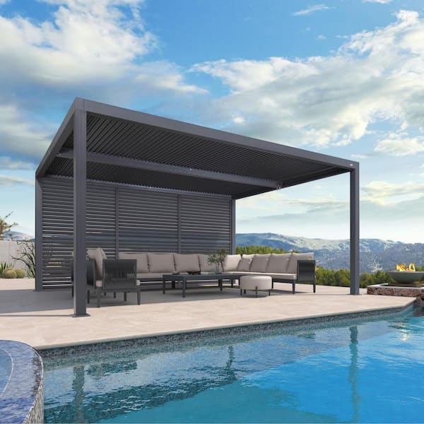 PURPLE LEAF 12 ft. x 16 ft. Gray Aluminum Louvered Pergola with 2-Adjustable Sunshade Roofs and 1-Long Side Fixed Shutter Wall