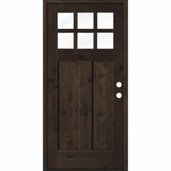 36 in. x 80 in. Craftsman Knotty Alder Left-Hand/Inswing 6-Lite Clear Glass True Black Stain Wood Prehung Front Door