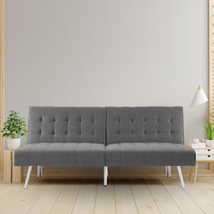 Gray, Linen Tufted Split Back Futon Sofa Bed, Linen Couch Bed, Futon Convertible Sofa Bed with Metal Legs